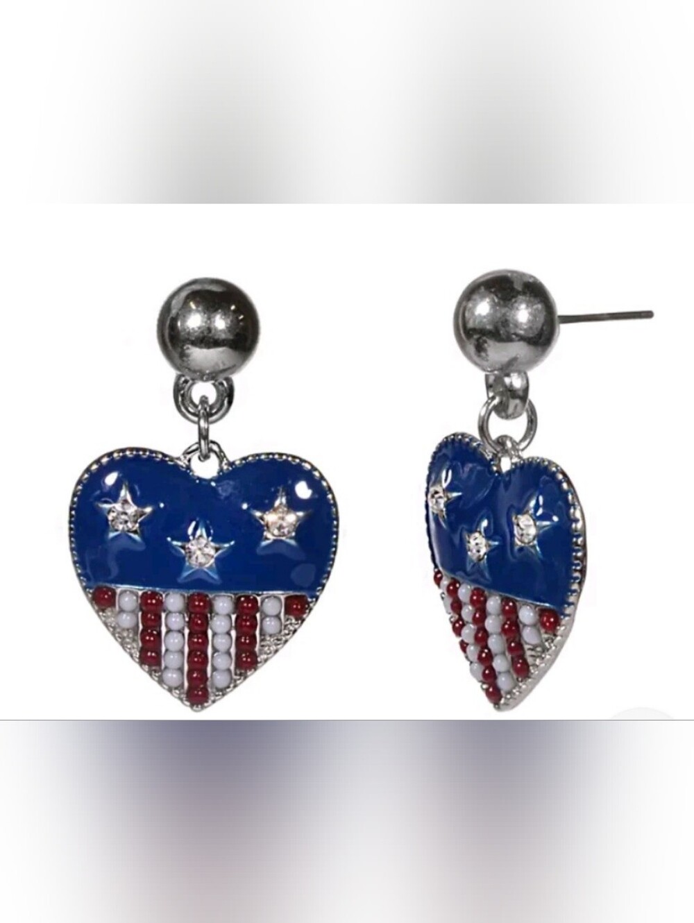 Heart Patriotic Earrings American Flag Silver Tone Stars & Strips 4th Of July